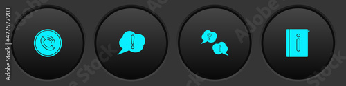 Set Phone call, Speech bubble Exclamation, Question and and User manual icon. Vector