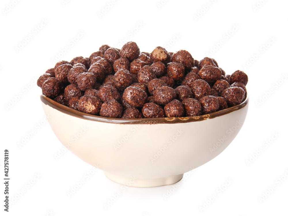 Bowl with chocolate corn balls on white background Bowl with chocolate corn balls on white background