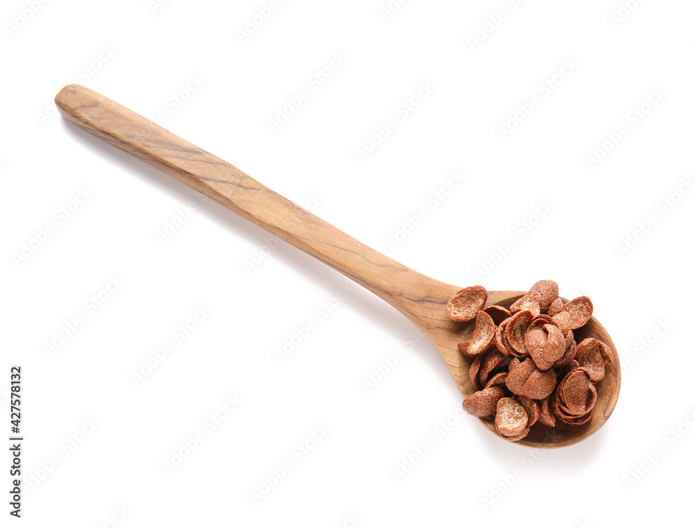 Spoon with chocolate corn flakes on white background Spoon with chocolate corn flakes on white background