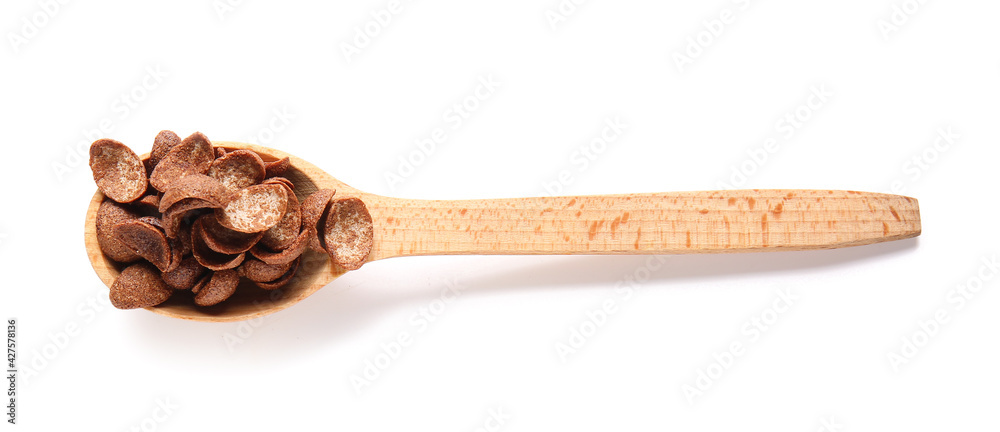 Spoon with chocolate corn flakes on white background