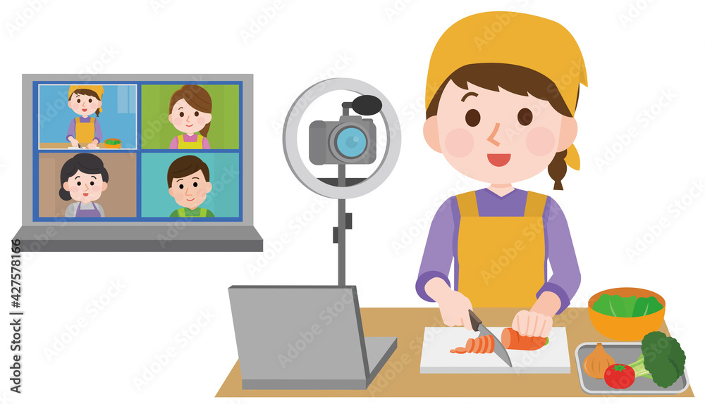 料理教室をオンラインで教える女性と生徒　イラスト