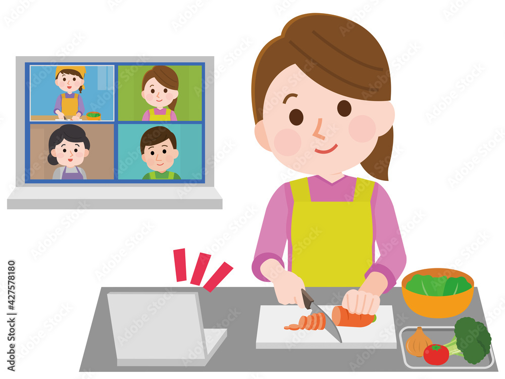 オンライン料理教室で教わる女性　イラスト