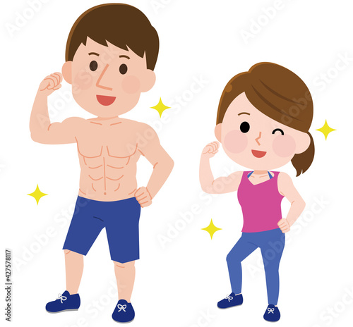 筋肉　筋トレ　力こぶを見せる男女　イラスト