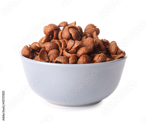 Bowl with chocolate corn flakes on white background