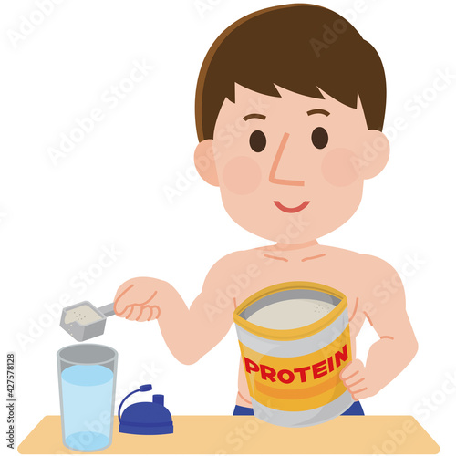 プロテインの粉末を水に溶かす男性　イラスト