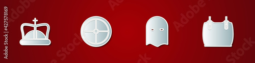 Set King crown, Round wooden shield, Executioner mask and Body armor icon. Vector