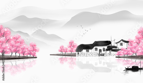 Chinese style Taoyuan ink landscape painting