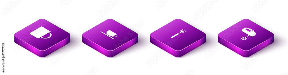 Set Isometric Coffee cup, , Fork and Electric mixer icon. Vector Set Isometric Coffee cup, , Fork and Electric mixer icon. Vector