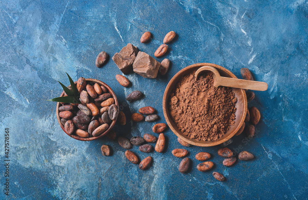 Composition with cocoa beans on color background Composition with cocoa beans on color background