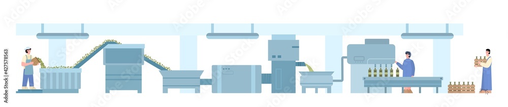 Olive oil processing automation equipment, flat vector illustration isolated.