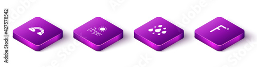 Set Isometric Rainbow with clouds, Drought, Water drop and Fahrenheit icon. Vector