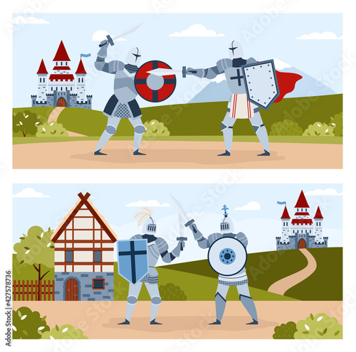 Knights tournament backgrounds with sword fighting, flat vector illustration.