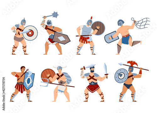 Set of gladiators male characters  cartoon flat vector illustration isolated.