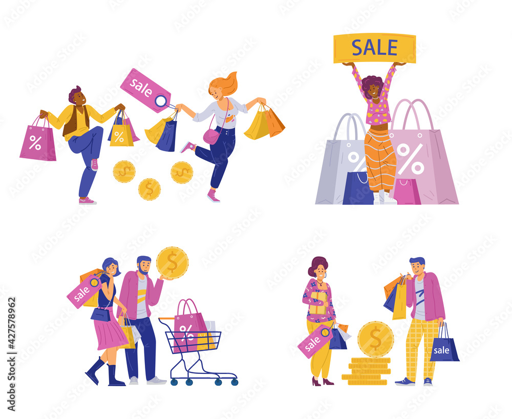 Happy shoppers with bags and shopping carts, flat vector illustration isolated.