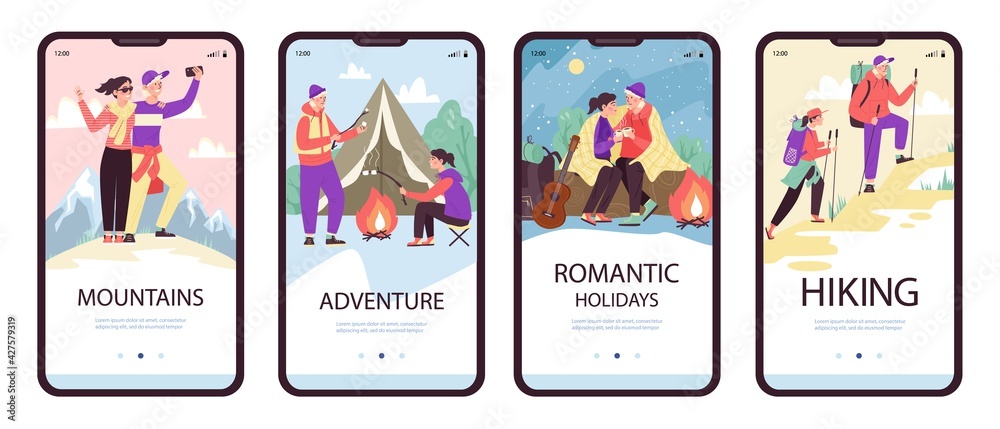 Set onboarding page mockups for camping and hiking, flat vector illustration.