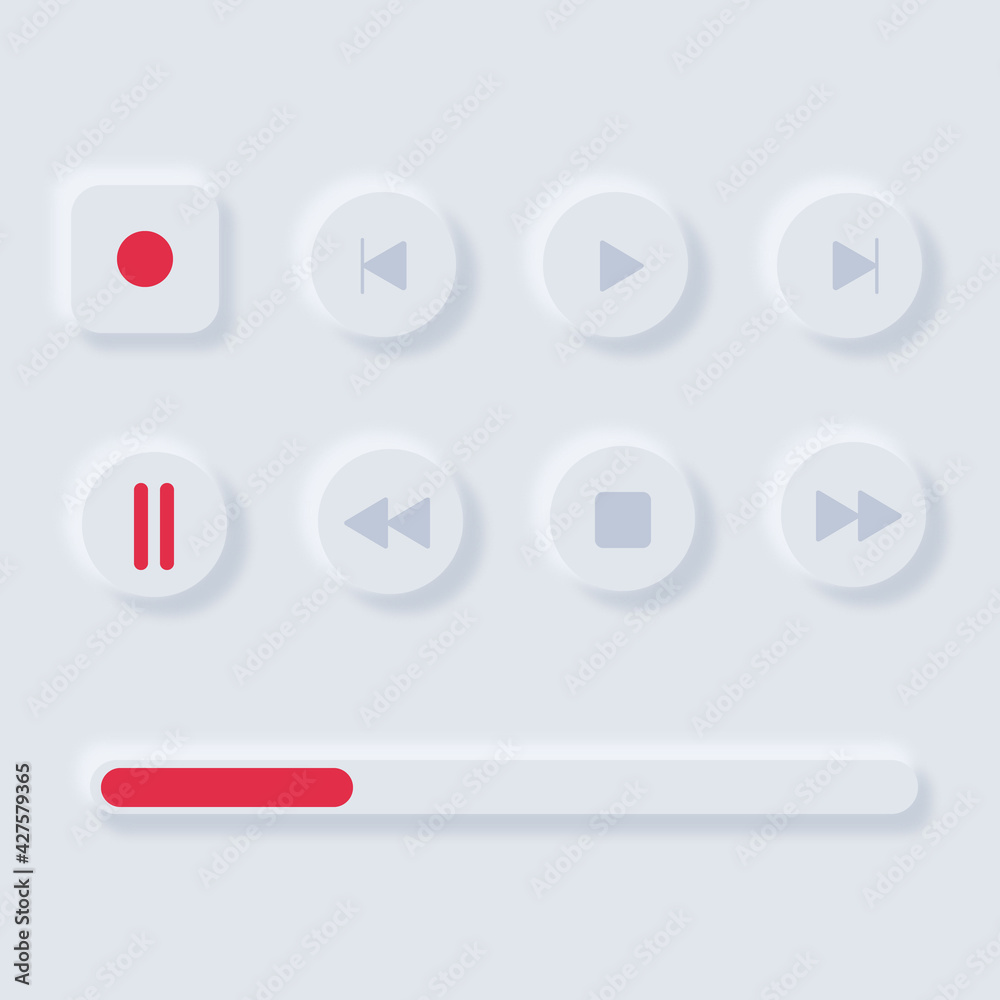 Vector icons of player buttons in neomorphism style with red elements on a light gray background. Trending music icons. 