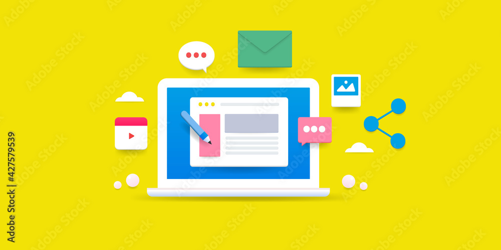Blog concept on work place. Blog post writing, blog publication and content marketing with social media business. 3d style web banner template.