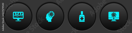 Set Stay home, Human and virus, Liquid antibacterial soap and Virus statistics on monitor icon. Vector