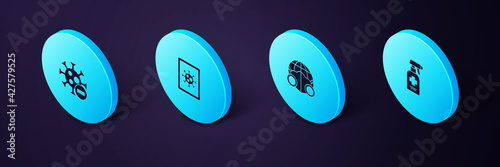 Set Isometric Liquid antibacterial soap, Earth with medical mask, Virus statistics on monitor and Negative virus icon. Vector