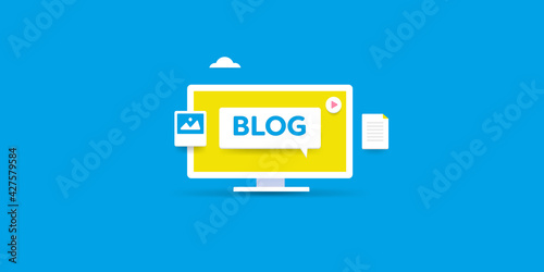 Blogging, blog concept. Blog word with comment on computer screen. Content marketing 3d style web illustration.
