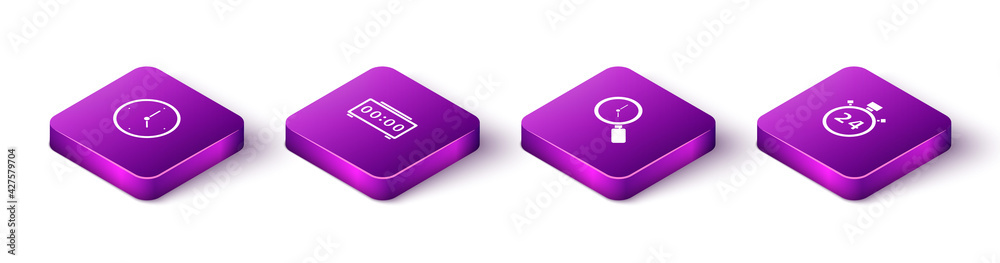 Set Isometric Clock, Digital alarm clock, Magnifying glass with and Stopwatch 24 hours icon. Vector Set Isometric Clock, Digital alarm clock, Magnifying glass with and Stopwatch 24 hours icon. Vector
