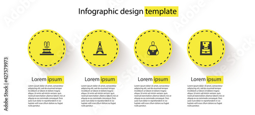 Set Fountain, Eiffel tower, Handbag and . Business infographic template. Vector
