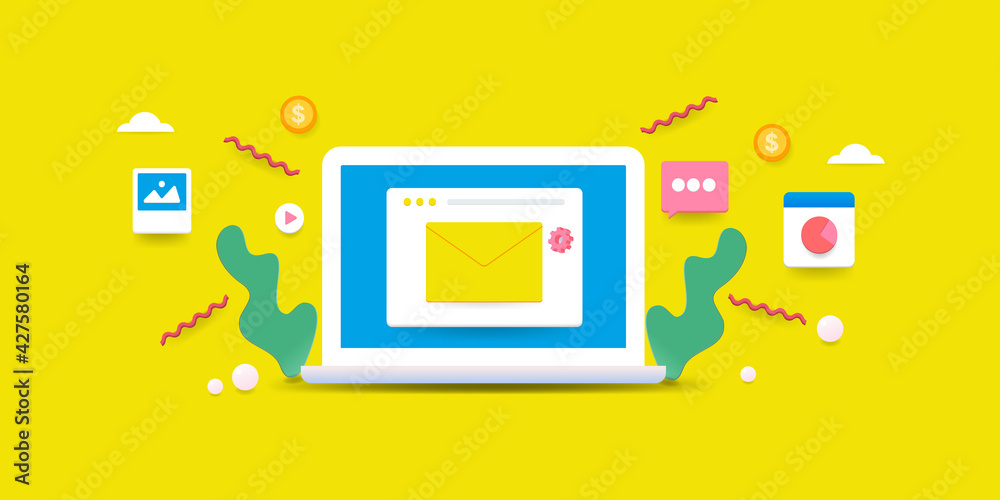 Modern 3d style concept of email marketing campaign, business email promotion, online branding via email newsletter. Modern 3d style concept of email marketing campaign, business email promotion, online branding via email newsletter.