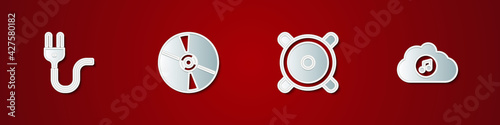 Set Electric plug, CD or DVD disk, Stereo speaker and Music streaming service icon. Vector