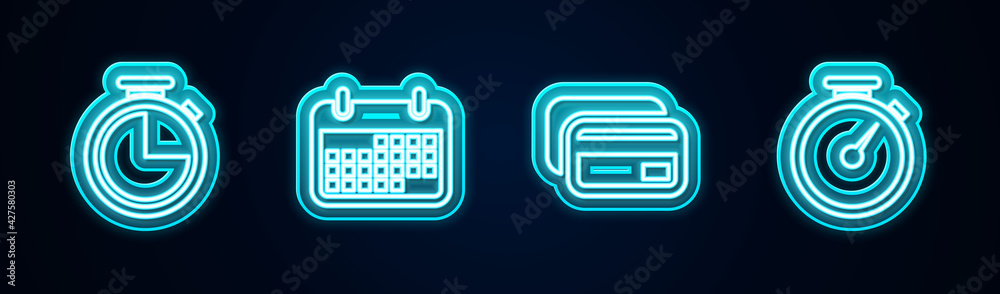 Set line Stopwatch, Calendar, Credit card and . Glowing neon icon. Vector Set line Stopwatch, Calendar, Credit card and . Glowing neon icon. Vector