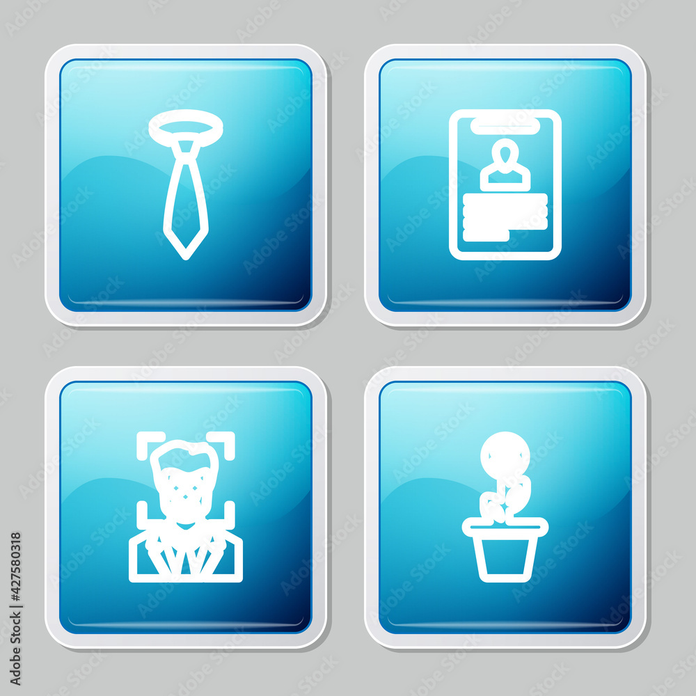 Set line Tie, Identification badge, Face recognition and Dollar plant in the pot icon. Vector Set line Tie, Identification badge, Face recognition and Dollar plant in the pot icon. Vector