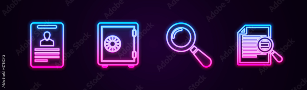 Set line Identification badge, Safe, Magnifying glass and Document with search. Glowing neon icon. Vector Set line Identification badge, Safe, Magnifying glass and Document with search. Glowing neon icon. Vector