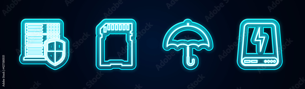 Fototapeta premium Set line Server with shield, SD card, Umbrella and Power bank. Glowing neon icon. Vector