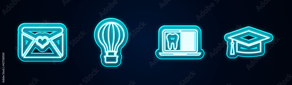 Set line Envelope with Valentine heart, Hot air balloon, Laptop dental card and Graduation cap. Glowing neon icon. Vector Set line Envelope with Valentine heart, Hot air balloon, Laptop dental card and Graduation cap. Glowing neon icon. Vector