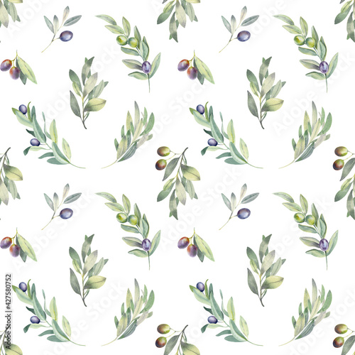 Hand paint watercolor seamless pattern with olive branch and leaves, isolated on white background. Perfect for wrappers, wallpapers, textile, postcards, wedding and fashion design.