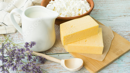 Fresh natural dairy products: milk, cottage cheese, cheese