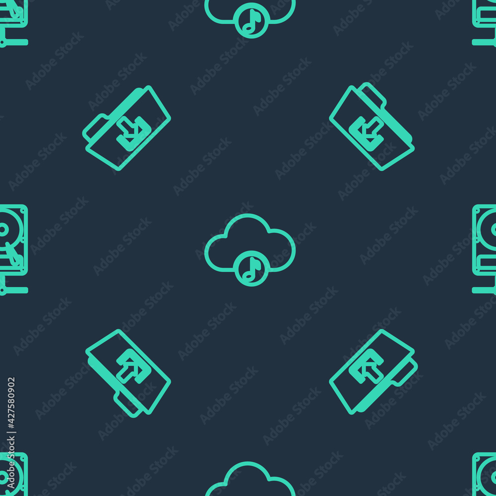 Set line Music streaming service, Folder download and Hard disk drive on sharing network on seamless pattern. Vector Set line Music streaming service, Folder download and Hard disk drive on sharing network on seamless pattern. Vector