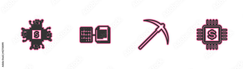 Set line Processor chip with dollar, Pickaxe, Smart contract and icon. Vector Set line Processor chip with dollar, Pickaxe, Smart contract and icon. Vector