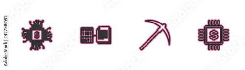 Set line Processor chip with dollar, Pickaxe, Smart contract and icon. Vector
