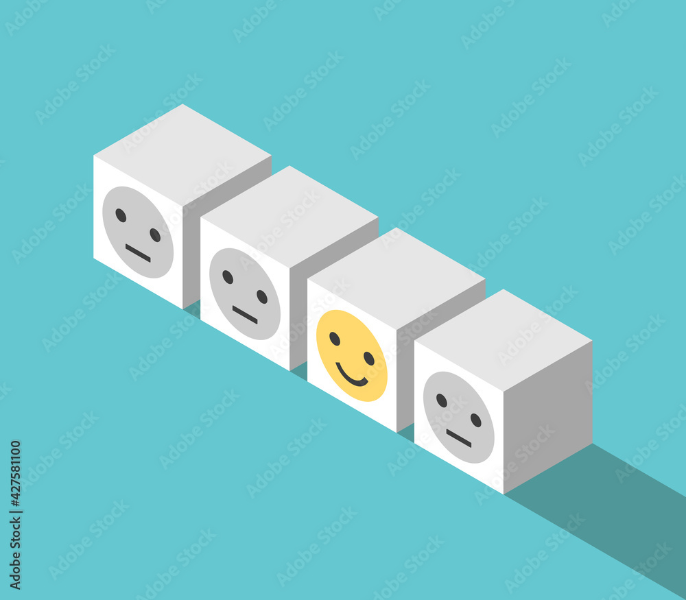 Unique happy smiling cube in row of unhappy indifferent ones. Positive thinking, joy, optimism and feedback concept. Flat design. EPS 8 vector illustration, no transparency, no gradients Unique happy smiling cube in row of unhappy indifferent ones. Positive thinking, joy, optimism and feedback concept. Flat design. EPS 8 vector illustration, no transparency, no gradients