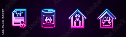 Set line Certificate for dog or cat, Canned food, Dog house and paw print pet and . Glowing neon icon. Vector