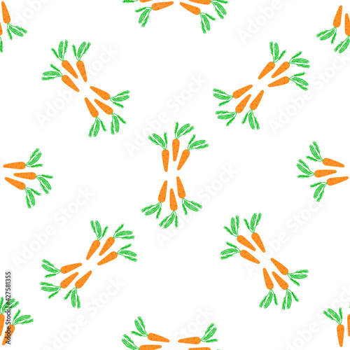 Seamless pattern with orange carrots with green leaves on a white background. Use for fabrics, wrapping paper, backdrops.