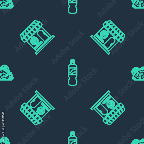 Set line Bottle of water, Pizzeria building facade and Taco with tortilla on seamless pattern. Vector