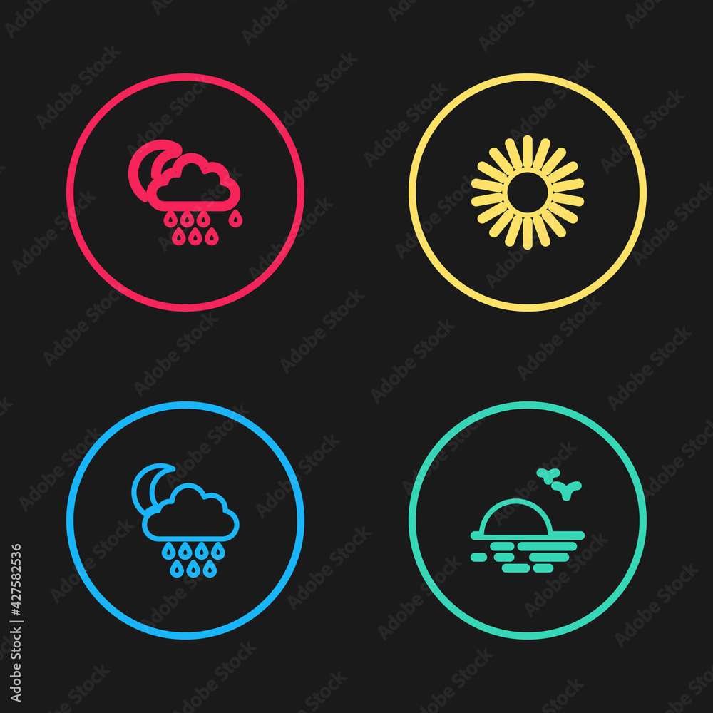 Set line Cloud with rain and moon, Sunset, and icon. Vector