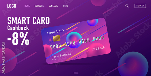 Online banking web banner for landing page with realistic credit card and abstract fluorescent background