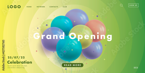 grand opening web banner with bunch of round transparent air balloons on green fresh spring background with circles, modern style landing page design photo