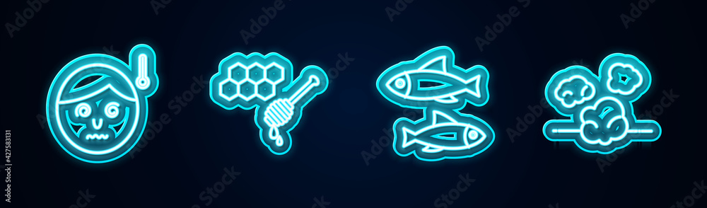 Set line High human body temperature, Honeycomb with honey dipper, Fish and Dust. Glowing neon icon. Vector Set line High human body temperature, Honeycomb with honey dipper, Fish and Dust. Glowing neon icon. Vector