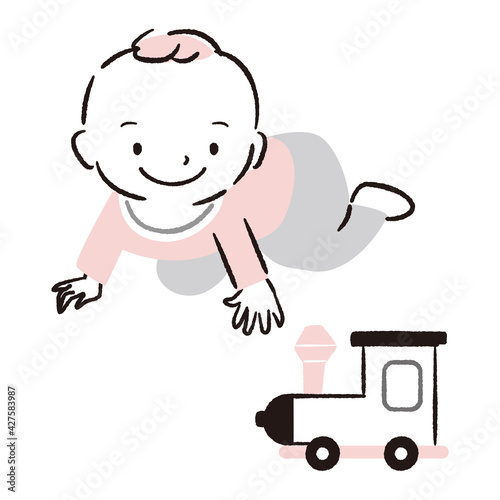 手描き1color　赤ちゃん　汽車のおもちゃで遊ぶ