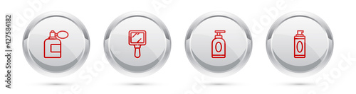 Set line Aftershave bottle with atomizer, Hand mirror, Cream lotion cosmetic tube and Shaving gel foam. Silver circle button. Vector