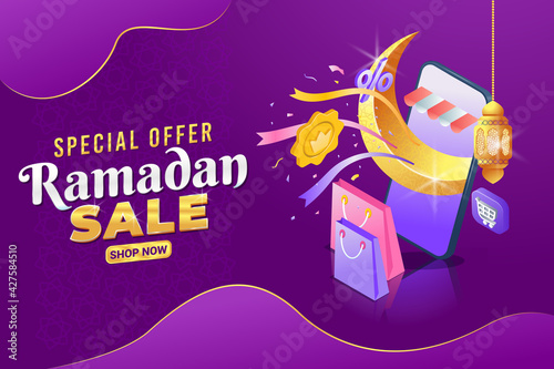Ramadan Sale background  Banner or Flyer template vector graphic with crescent moon  cell phone  shopping bags  Lantern  label  islamic ornaments.