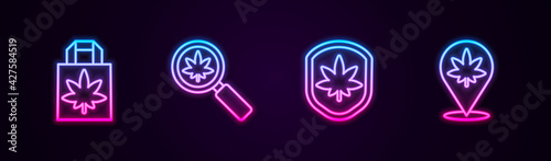 Set line Shopping paper bag of marijuana, Magnifying glass and, Shield leaf and Location. Glowing neon icon. Vector